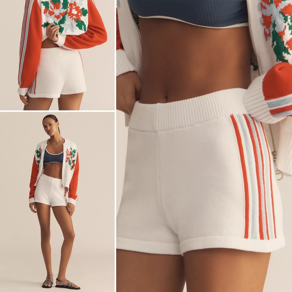 NWT Anthropologie Daily‎ Practice Knit Shorts White Athletic Stripe Lounge L $88